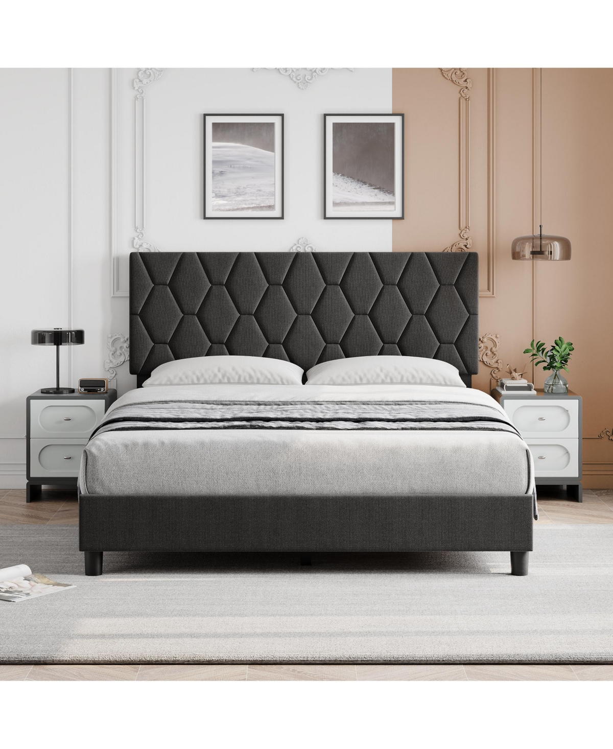 Homfan Full Bed Frame with Upholstered Headboard, Heavy-Duty Platform Bed Frame with Strong Wood Slats