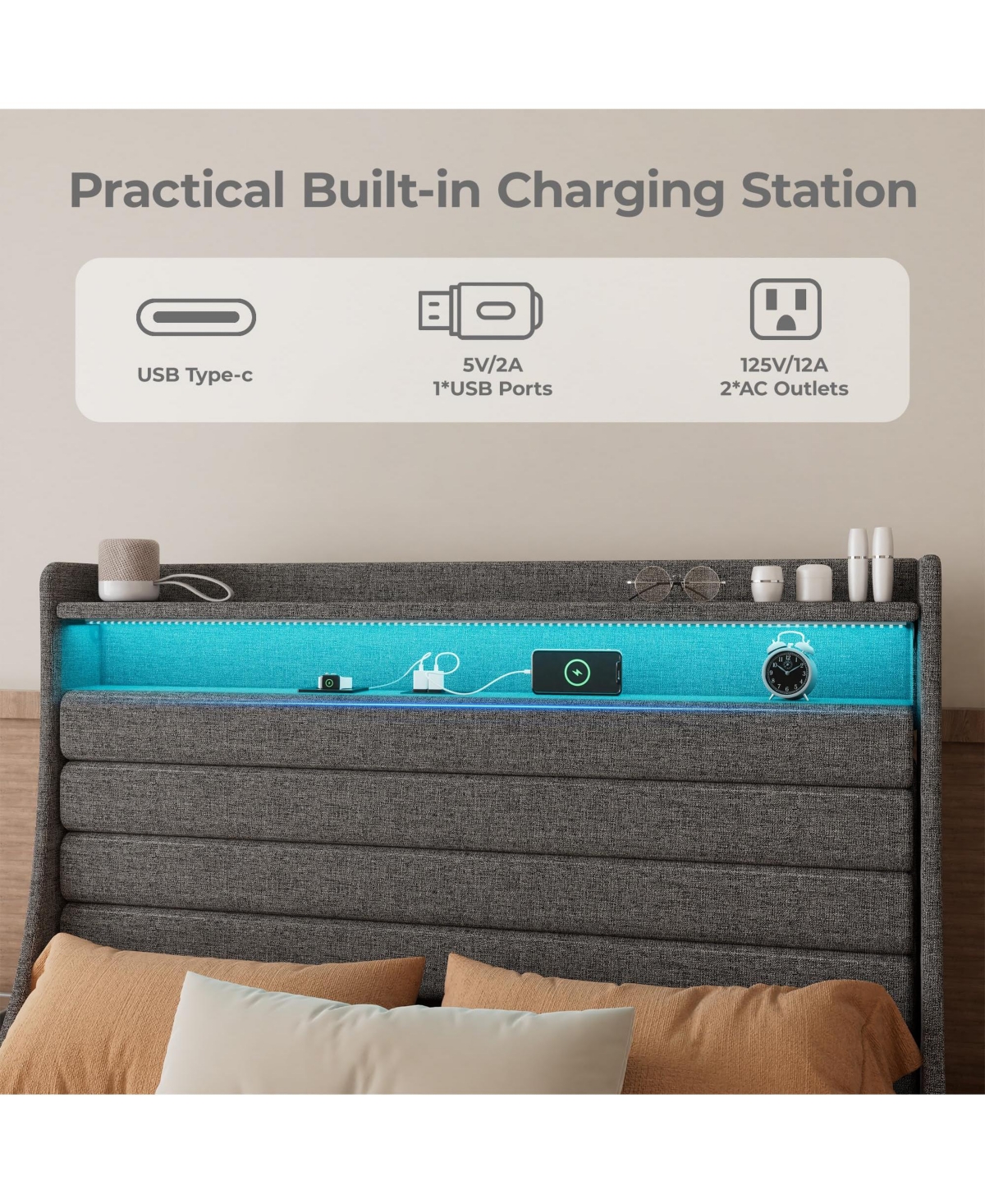 Homfan Modern Upholstered Platform Bed Frame with Led Headboard and Charging Station - Wooden Slat Support, Noise-Free