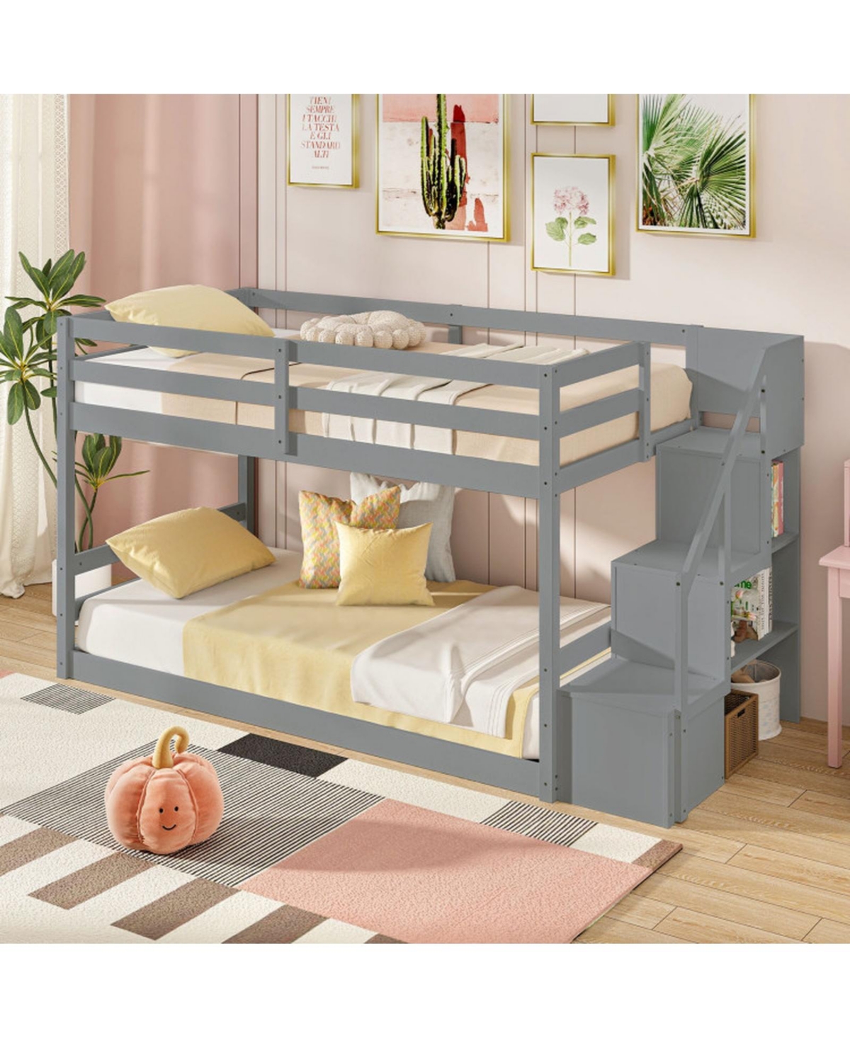 Gouun Pine Wood Twin Over Twin Bunk Bed with Storage Stairs