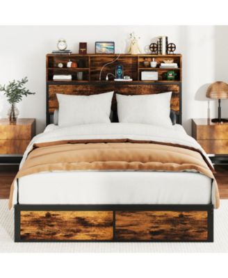 Full Metal and Wood Platform Bed Frame with Storage Drawers and Headboard and Industrial Design