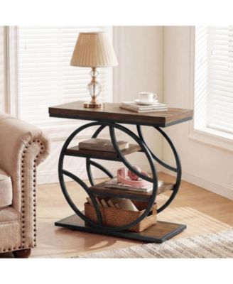 Side Table with 4-Tier Storage Shelf, 25-Inch Living Room Narrow End Table, Small Industrial Nightstand with Geometric Metal Frame