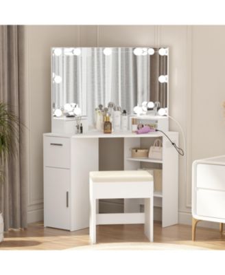  Vanity Desk with Mirror and Lights, Corner Makeup Vanity Desk with 3-Panel Mirror, 12 Bulbs 3 Color Modes Dimmable, Power Outlet