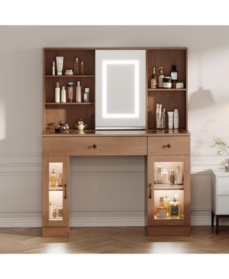 Large Vanity Desk with Sliding Mirror and 3-Color LED Lights, Makeup Dressing Table with Storage Drawers, Shelves, Cabinets, USB Outlets
