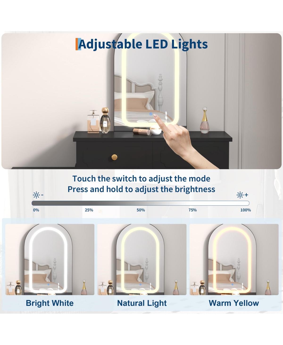 Homfan Makeup Vanity Desk with Mirror and Lights, Modern Table 2 Drawers Adjustable 3-Drawer Cabinet, Wood Dressing for Bedroom