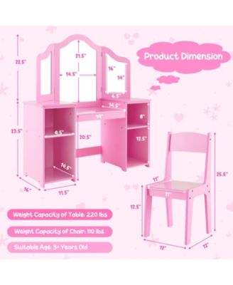 Kids Vanity Set with Tri-Folding Acrylic Mirror, 4 Storage Cubbies and High-Back Chair