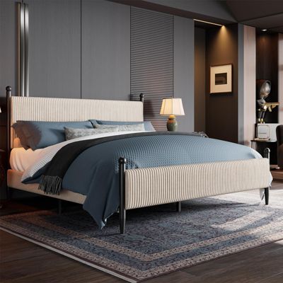Modern Corduroy Upholstered Bed Frame with Vertical Striped Headboard, Wooden Slats, Metal Legs, No Box Spring Needed