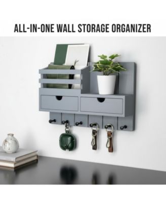 Wall Mounted Key Holder with 2 Drawers 6 Hooks Shelf Mail Organizer Decor