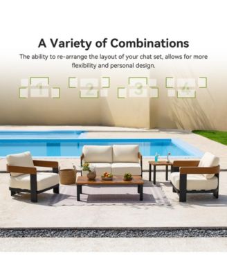4-Piece Patio Conversation Set with 2 Armchairs, Loveseat & Coffee Table, Outdoor Accent Chairs with Removable Cushion, Sturdy Metal Frame