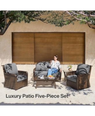 5-Piece Outdoor Wicker Patio Furniture Set with 2 Swivel Chairs, 1 Loveseat and 2 Tables, Rattan Conversation Set with Cushions