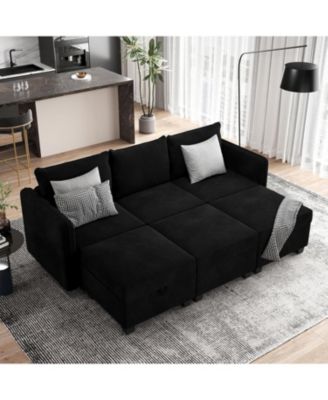 Modular Sectional Sofa with Under-Seat Large Storage, 3 Seat Couch with 3 Ottomans, U Shaped Couch with Wooden Frame and Velvet Upholstery