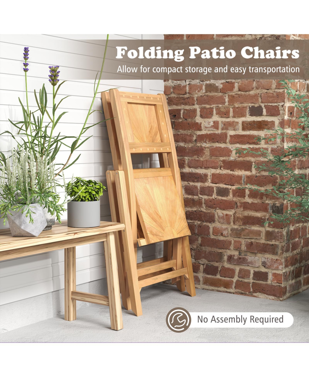 Gouun Set of 2 Folding Teak Wood Patio Chairs with 105-Degree Inclined Backrest