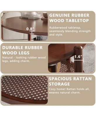 Round Coffee Table, 2-Tier Rustic Wood Center Table with Boho Woven Rattan Storage Shelf for Living Room