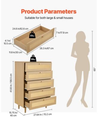 5 Drawer Rattan Dresser, Modern Closet Chest with Metal Handles, Wood Legs