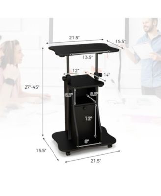Mobile Standing Desk Cart with Adjustable Tilt Desktop, Cabinet and Open Shelves