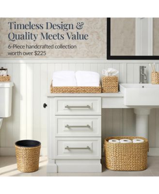 6-Pc Water Hyacinth Bathroom Storage Set, Includes Trays, Trash Bin, Toilet Paper Storage, Tissue Box Cover, Garbage Can