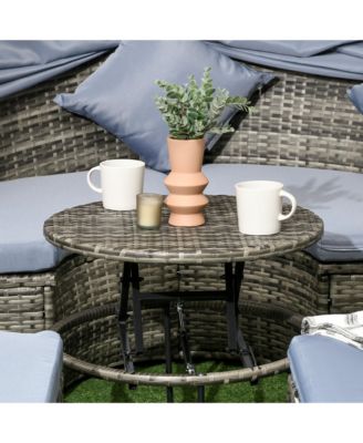 4pc Rattan Patio Furniture Set, Round Convertible Daybed or Sunbed, Adjustable Sun Canopy, Sectional Outdoor Sofa, 2 Chairs, Extending Tea Table, 3 Pillows, Light Gray