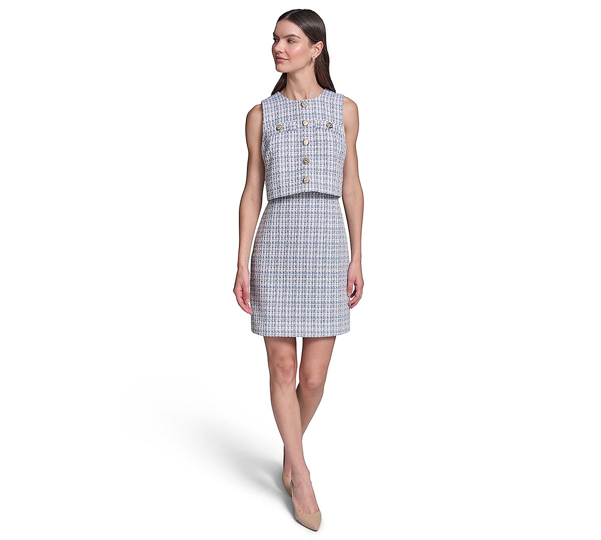 KARL LAGERFELD PARIS Women's Tweed Popover Top Dress view 1 — MAYCSS fashion products