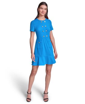 Women's Short-Sleeve Scuba Crepe with Flounce Hem and Button Dress