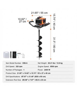 Post Hole Digger, 63CC Gas Powered Auger with 8" Drill Bits and Extension Rod