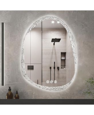 28"x20" Irregular Stone Pattern Frosted LED Bathroom Vanity Mirror for Wall with Backlit Anti Fog, 3 Colors and Dimmable Light