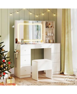 dressing table and stool white Regina - Makeup Vanity Set with Lighting The mirror can be rotated 360 degrees Modern White Makeup Vanity Set