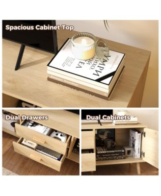 Rattan TV Stand for 65-Inch TV with Drawers and Solid Wood Legs