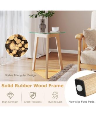 Tempered Glass End Table Round with Solid Rubber Wood Structure-1 Piece