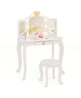 Kids Vanity Set with Tri-fold Lighted Mirror Detachable Top and Stool