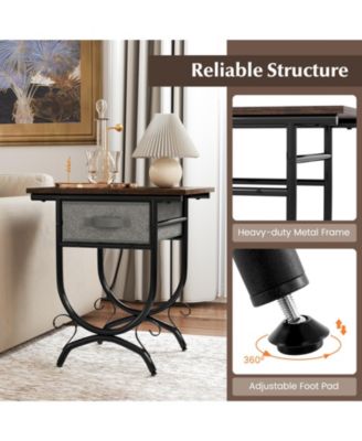 Side Table with Fabric Drawer and Carved Metal Frame for Living Room