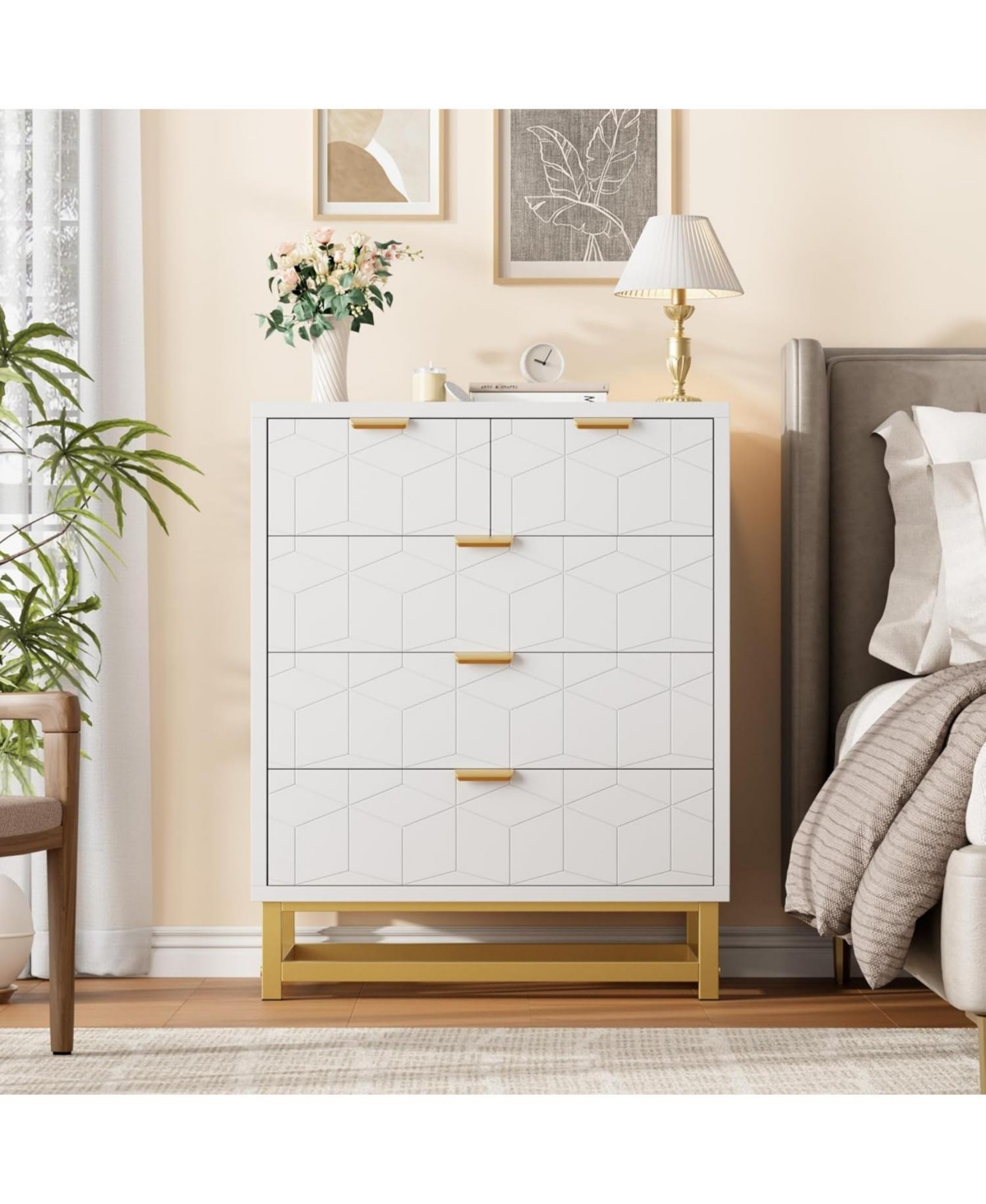 gaomon Modern Drawer Wide Dresser Chest, Gold Metal Legs & Handles