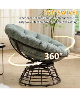 360degree(s) Swivel Rattan Lounge Chair, Wicker Papasan Seat with Plush Cushion, Sturdy Frame Holds Up to 300 LBS for Bedroom and Balcony