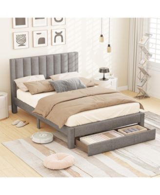 Queen Size Bed Frame with Storage Drawer and Vertical Channel Headboard