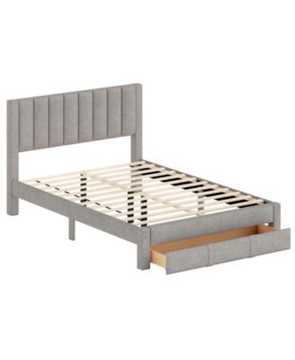 Queen Size Bed Frame with Storage Drawer and Vertical Channel Headboard