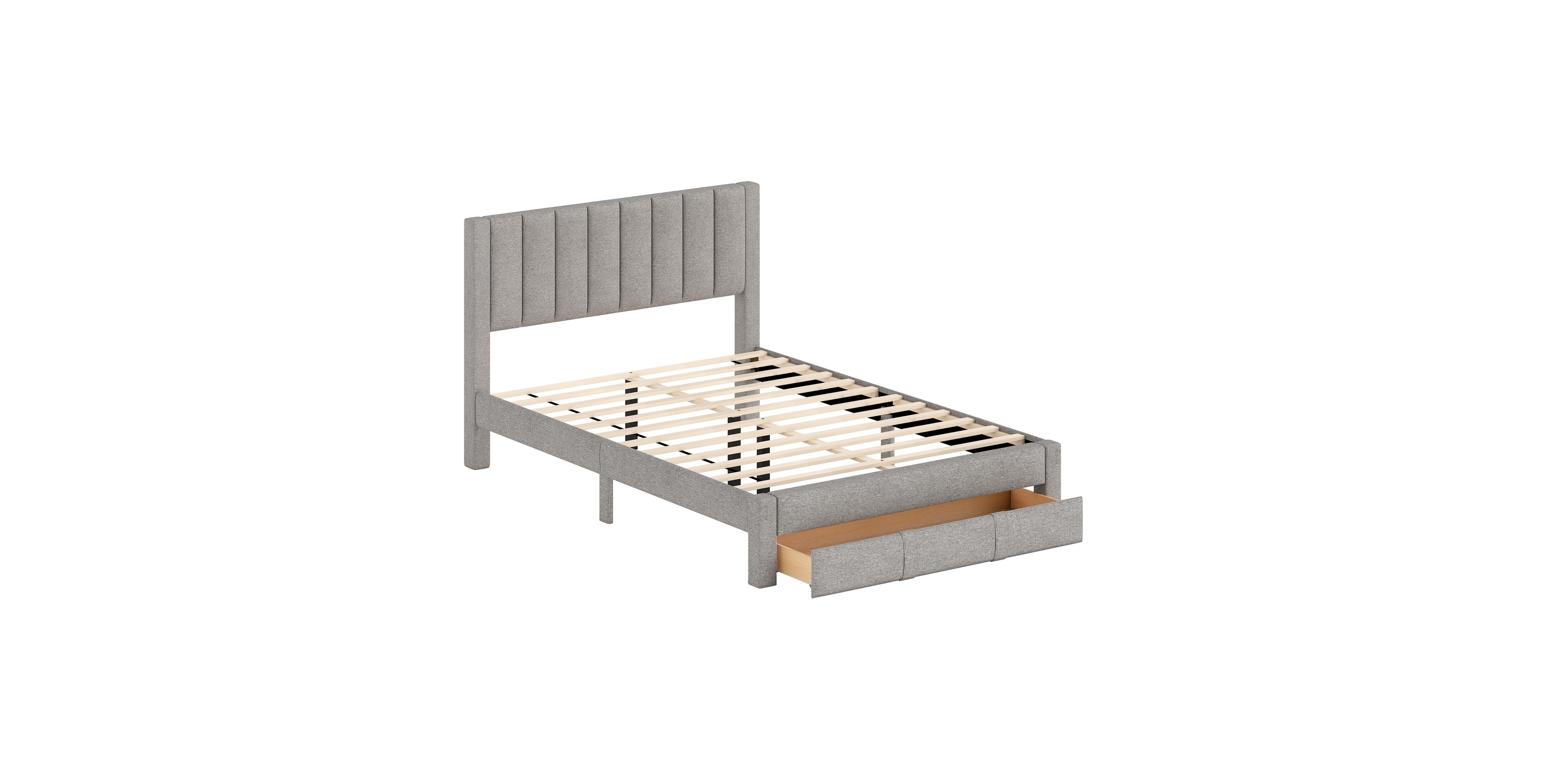 Sugift Queen Size Bed Frame with Storage Drawer and Vertical Channel Headboard