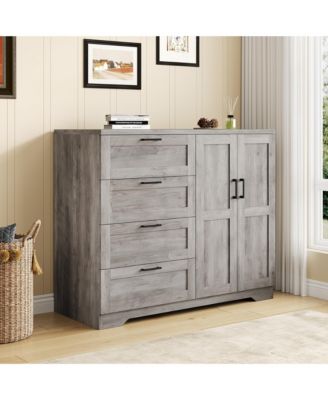 Bedroom Armoire Wardrobe Closet with 4 Drawers and 2 Doors, Wooden Storage Cabinet with Hanging Rod.