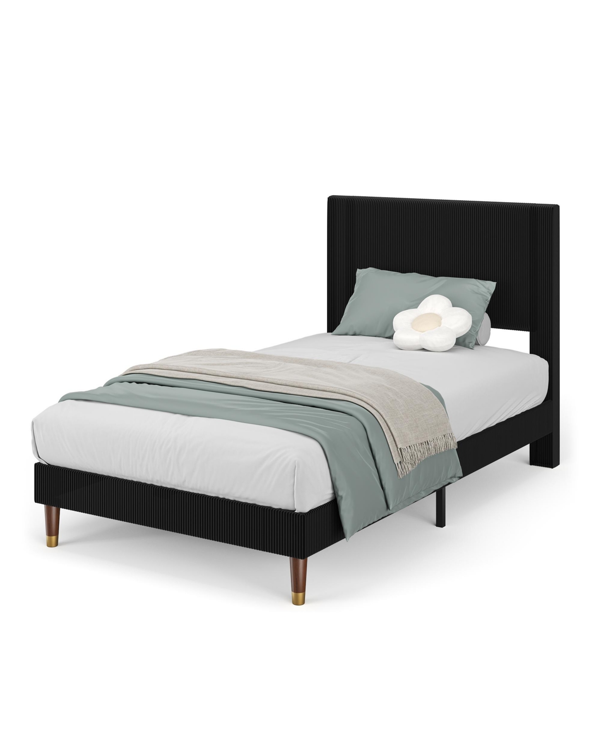 Homfan upholstered platform bed with headboard, modern low profile design, sturdy metal frame, wood slats, noise free, no box spring