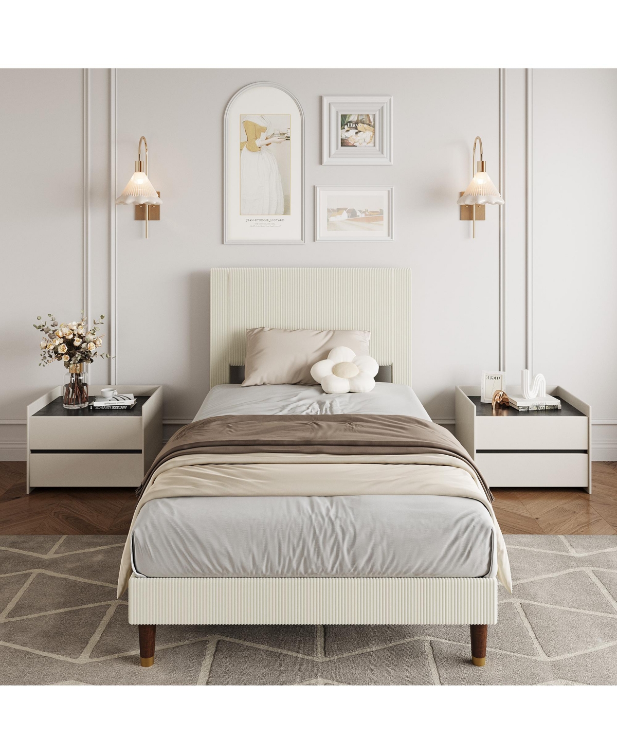 Homfan upholstered platform bed with headboard, modern low profile design, sturdy metal frame, wood slats, noise free, no box spring