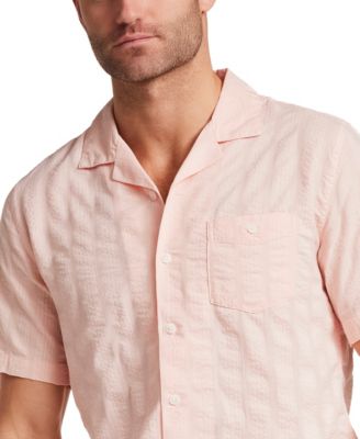 Men's Short-Sleeve Button Down Vertical Texture Camp Collar Cotton Shirt