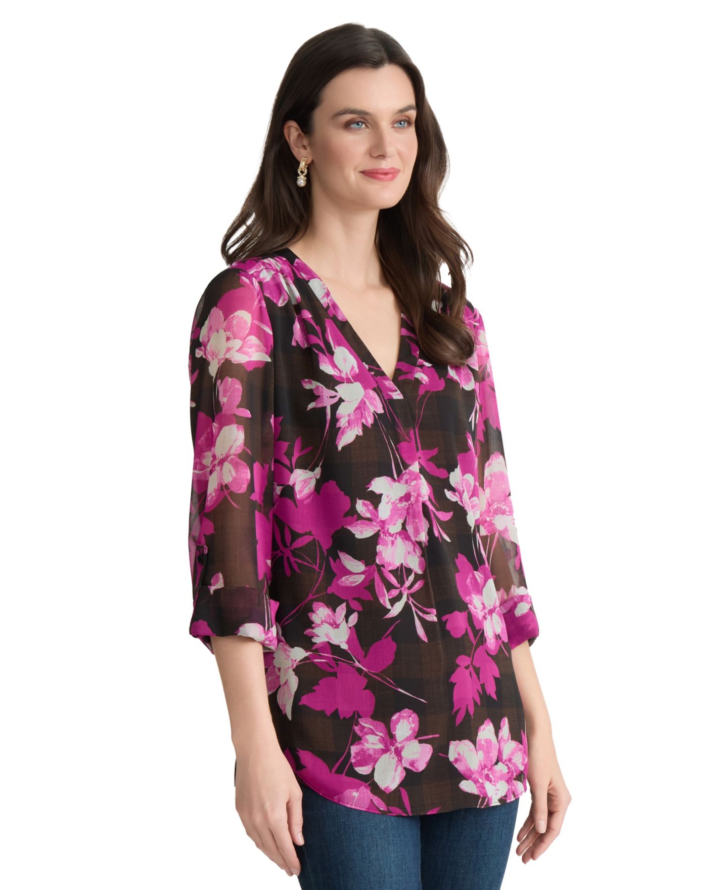 Женский топ Jones New York Printed V-Neck Top, цвет: Разноцветный — фото 2