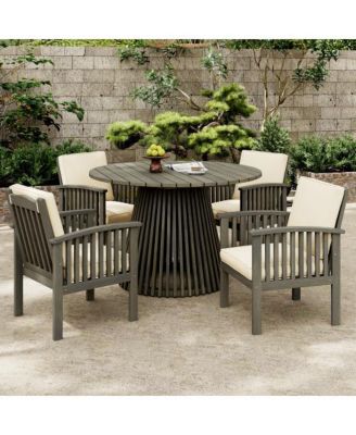 Outdoor Acacia Wood Conversation Set 2 Club Chairs with Foldable End Table Grey Finish Cream Cushion for Garden Patio Deck