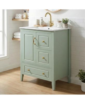 24" Light Green Bathroom Vanity with Ceramic Sink, Freestanding Retro MDF Cabinet, Soft-Close Drawers, Ample Storage for Small Spaces