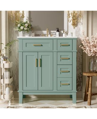 30 Inch Modern Bathroom Vanity with Ceramic Sink, Solid Wood MDF Freestanding Cabinet, Soft Close Drawers for Small Spaces