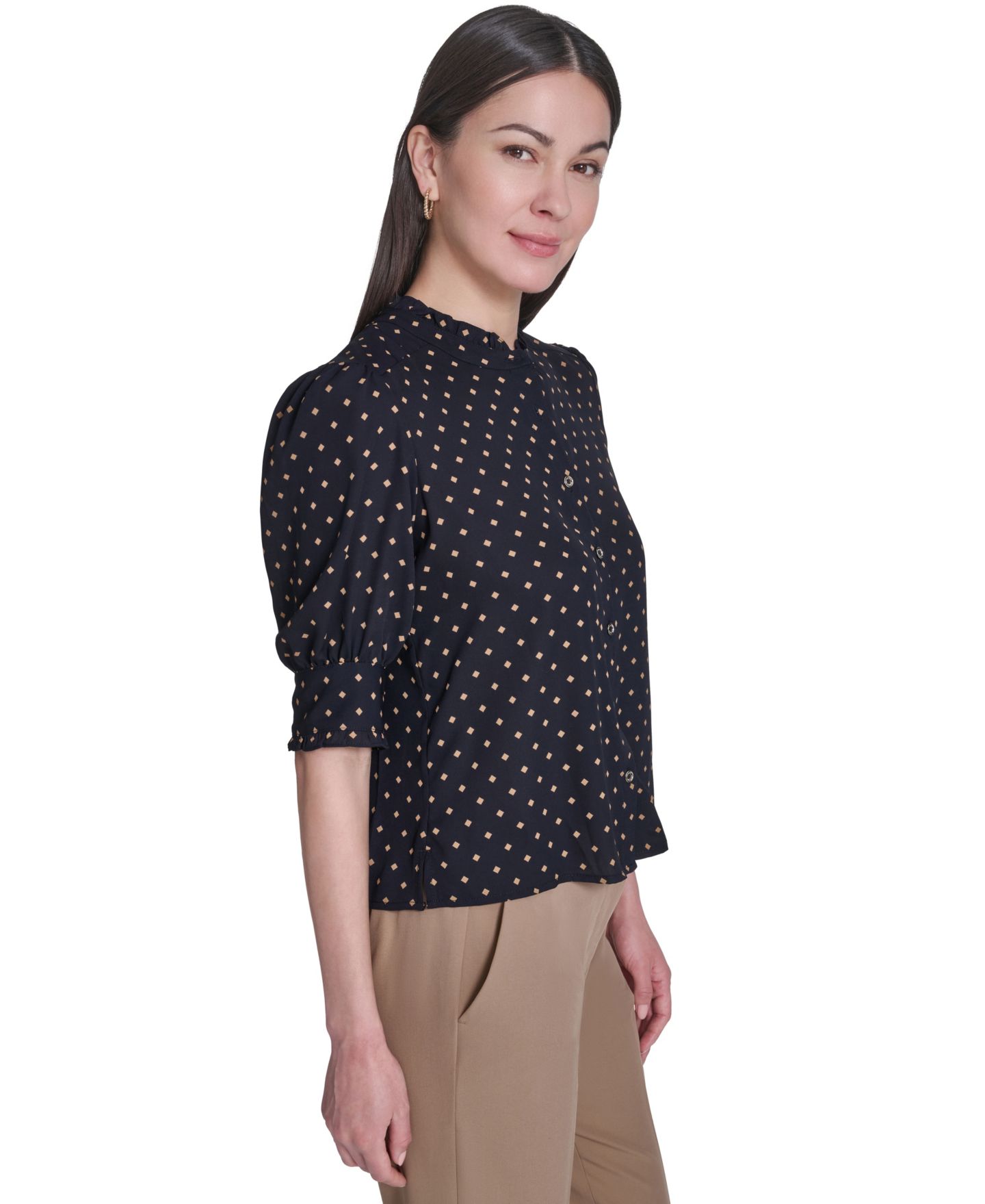 Женская блузка Tommy Hilfiger Collared Ruffle Neck Blouse, цвет: Тёмно-синий / Табачный коричневый — фото 3