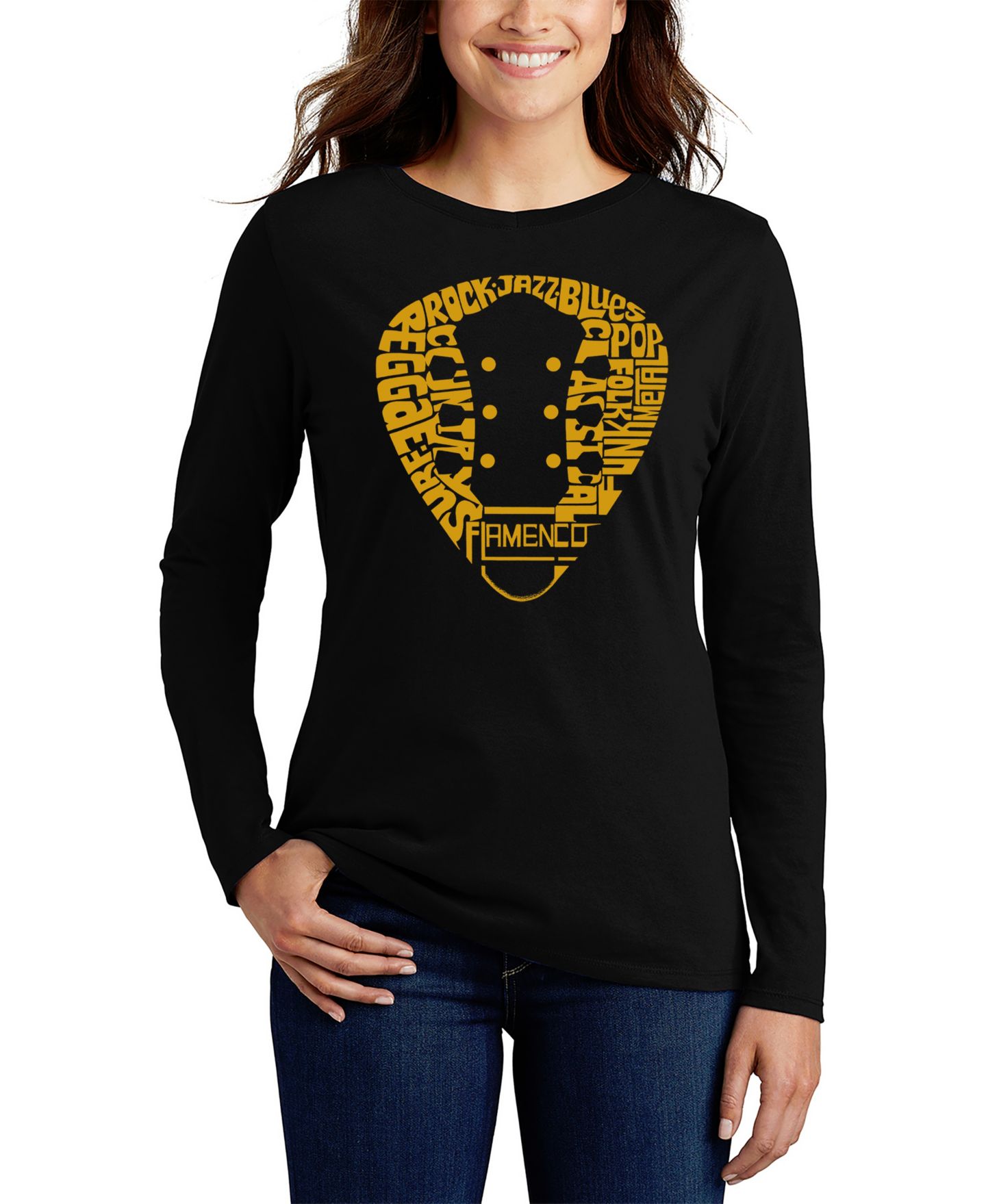 Женская футболка LA Pop Art Guitar Pick Genres Word Art Flowy, цвет: Чёрный — фото 1