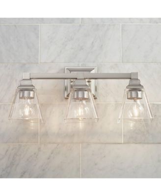 Mencino Mid Century Modern Wall Light Satin Nickel Silver Metal Hardwired 20" Wide 3-Light Fixture Clear Glass Cone Shade for Bathroom Vanity Mirror House Home Room Decor - Regency Hill