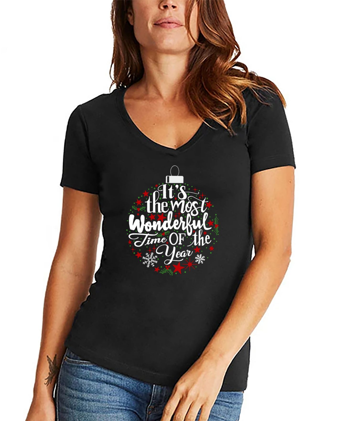 Женская футболка LA Pop Art Christmas Ornament Word Art V-Neck, цвет: Чёрный — фото 1