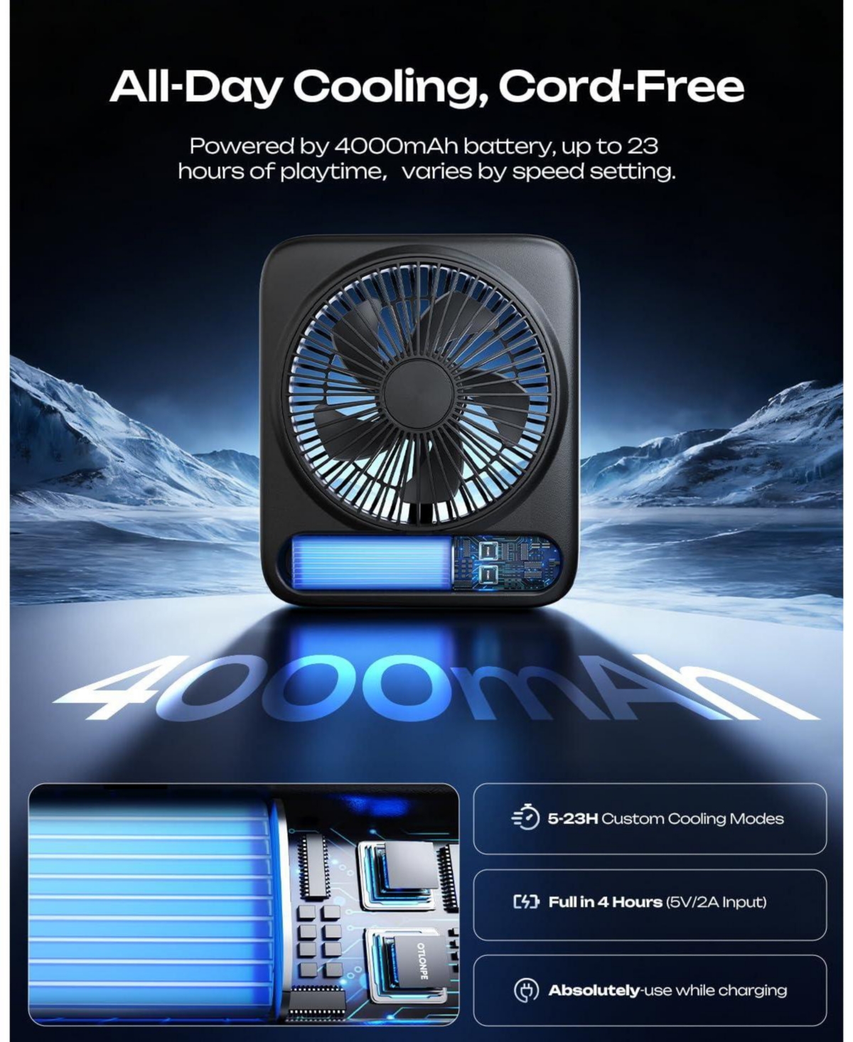 Gnuadz Portable Desk Fan Usb Rechargeable Quiet 4-Speed 4000mAh