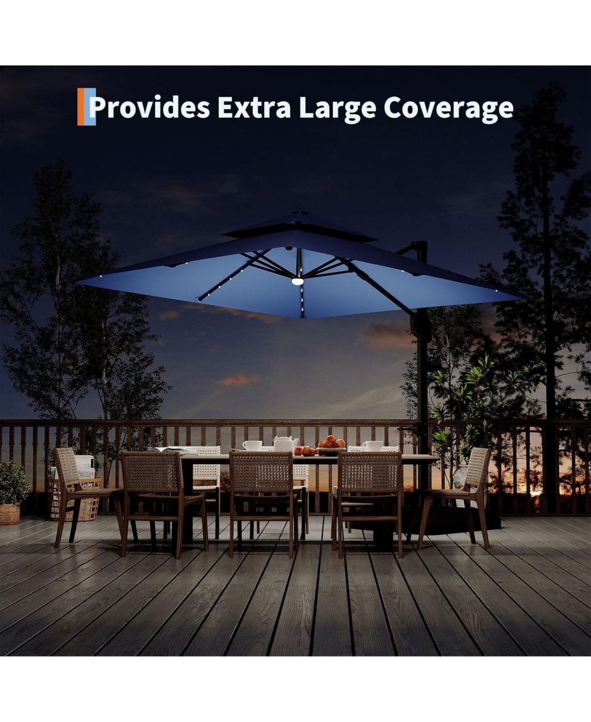 gaomon 10 ft Solar Lights Cantilever Patio Umbrella with Base Included, 360degree(s) Rotation Offset Umbrella, Easy Crank and Tilt Adjustment