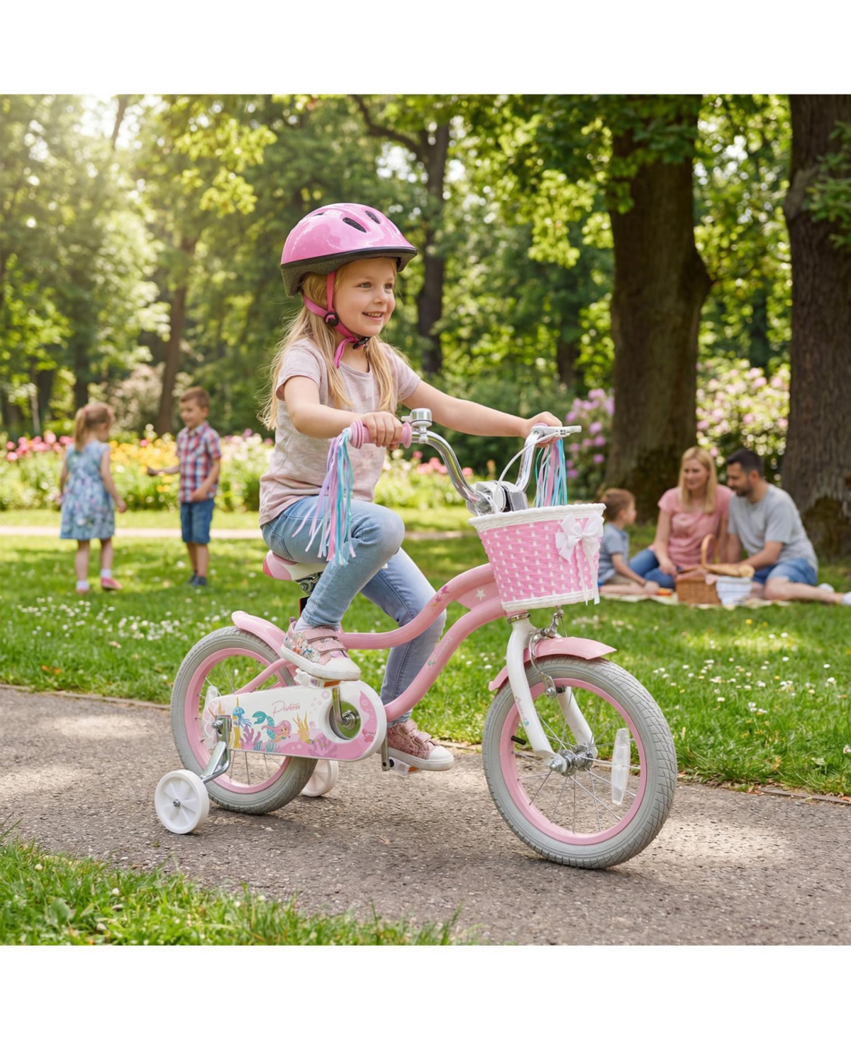 Slickblue Adjustable Kids Bike with Front Basket and Streamers
