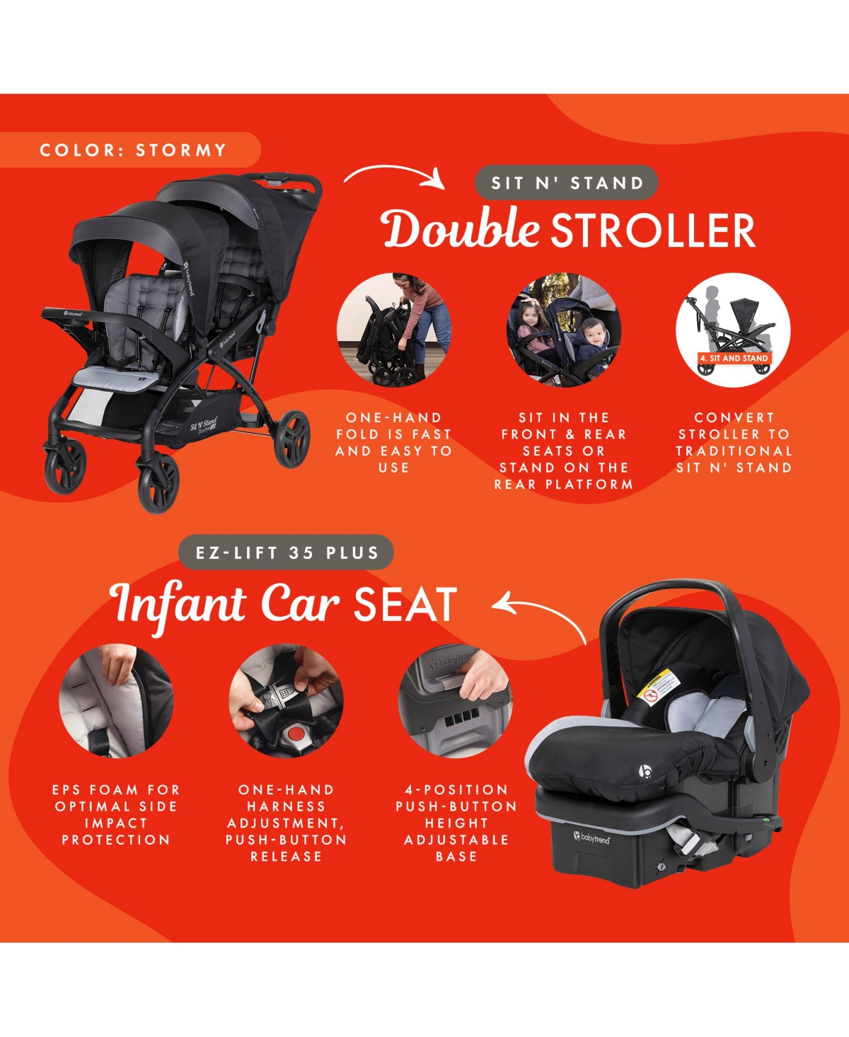 Baby Trend Sit N' Stand Double Stroller with Ez-Lift Car Seat (2 Pack), Stormy